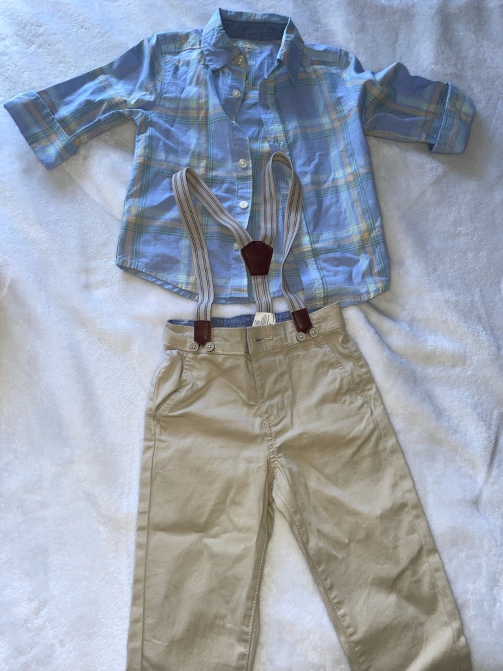 OshKosh B'gosh Blue Plaid Shirt with Tan Khaki Pants and Suspenders